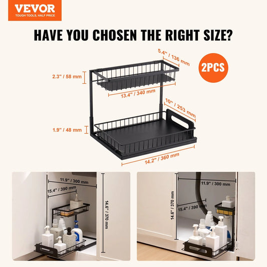 2Pcs 2-Tier Wire Pull Out Cabinet under Sink Organizer Drawer Basket